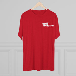 Red t-shirt with 'TBNation' logo on a wooden hanger against a gray background