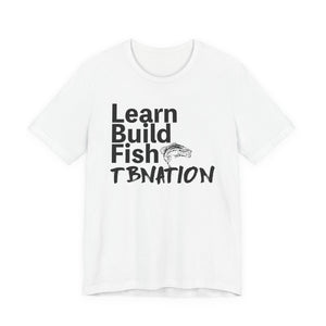White t-shirt with black text and fish graphic on a white background
