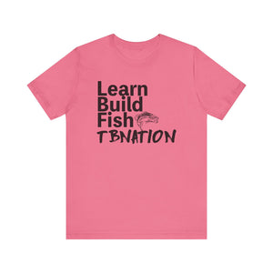 Pink t-shirt with black text and logo on a white background