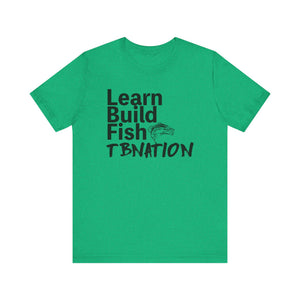 Green t-shirt with black text and logo on a white background