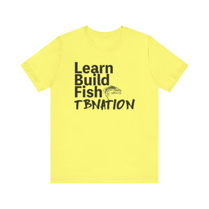 Yellow t-shirt with text and fish icon on a white background