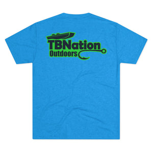 Blue t-shirt with green and black 'TBNation Outdoors' logo on a white background