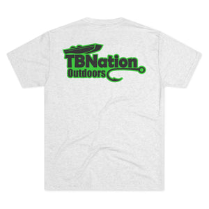 White t-shirt with green and black 'TBNation Outdoors' logo on the back against a white background