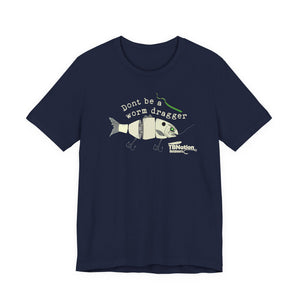 Navy blue t-shirt with fishing graphic and text on a white background