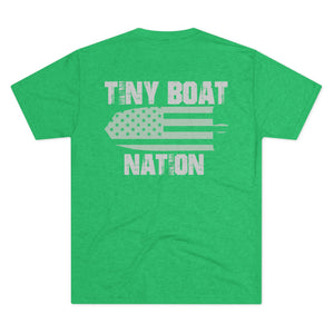 Green t-shirt with 'Tiny Boat Nation' text and graphic on a white background