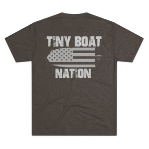 Dark gray t-shirt with 'Tiny Boat Nation' graphic on a white background