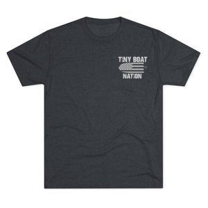 Dark gray t-shirt with 'Tiny Boat Nation' text and logo on a white background