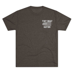 Dark gray t-shirt with 'Tiny Boat Nation' logo on a white background