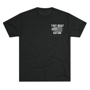 Black t-shirt with 'Tiny Boat Nation' logo on a white background