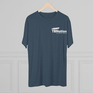 Blue t-shirt with 'TBNation' logo on a hanger against a gray background