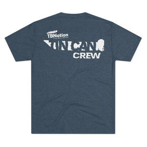 Navy t-shirt with white text and logo on a white background