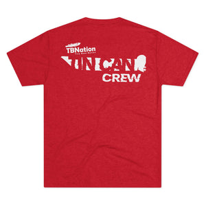 Red t-shirt with white text on the back on a white background