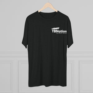 Black t-shirt with 'TBNation' logo on a hanger against a gray background