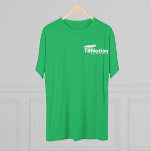 Green t-shirt with 'TBNation' logo on a hanger against a gray background