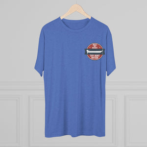 Blue t-shirt with a graphic design on a hanger against a gray background