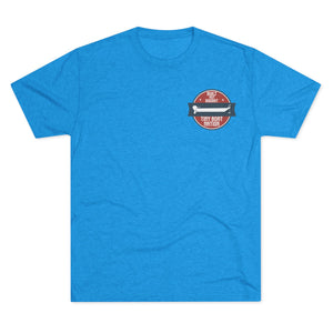 Blue t-shirt with a logo on the chest against a white background