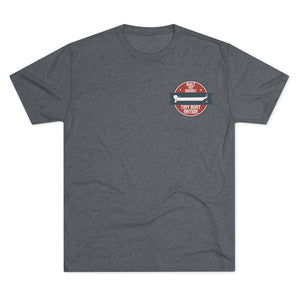 Gray t-shirt with a red and white logo on a white background