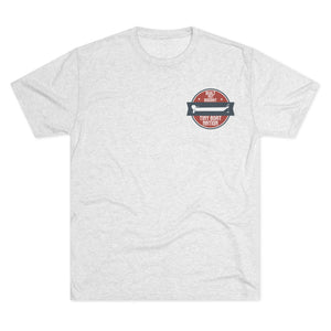 White t-shirt with a red and blue graphic on a white background