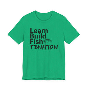 Green t-shirt with black text and fish graphic on a white background