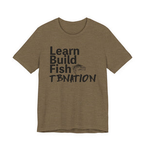 Brown t-shirt with text 'Learn Build Fish TBNATION' on a white background
