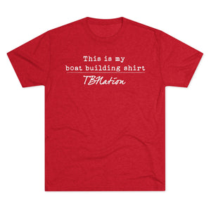 Red t-shirt with white text on a white background