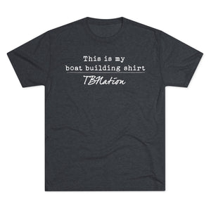 Dark gray t-shirt with white text on a white background