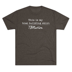 Dark gray t-shirt with white text on a white background