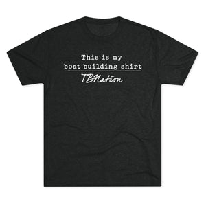 Black t-shirt with white text on a white background