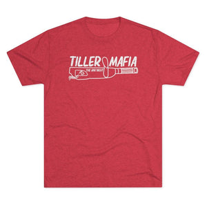 A heather red short-sleeve crewneck t-shirt with a white graphic print on the chest reading 'TILLER MAFIA' and 'JON YACHT' above a stylized lawnmower illustration.