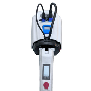 White electronic device with black cables on a white background