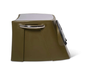 Black RPD 1019 rotationally molded polyethylene center console for Jon boat with stainless steel grab handle.
