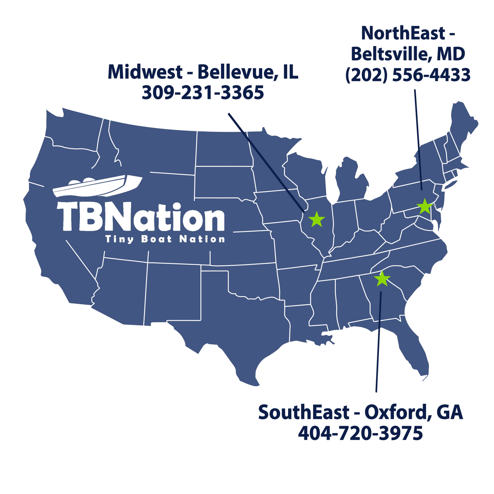 Map of the United States showing TBNation's service locations, including Bellevue, Illinois (Midwest), Beltsville, Maryland (Northeast), and Oxford, Georgia (Southeast), with regional contact information.