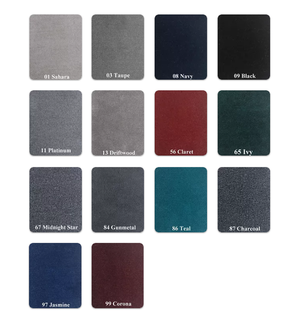 Swatches of 20 oz marine grade premium boat carpet in various colors: Sahara, Taupe, Navy, Black, Platinum, Driftwood, Claret, Ivy, Midnight Star, Gunmetal, Teal, Charcoal, Jasmine, and Corona.