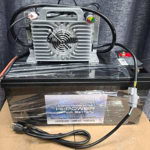 Black Hi-Power 48V lithium battery pack with a silver charger, fan, and cables.