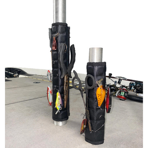 Black Magnalure magnetic wraps on boat pedestals, holding fishing lures, pliers, and scissors.