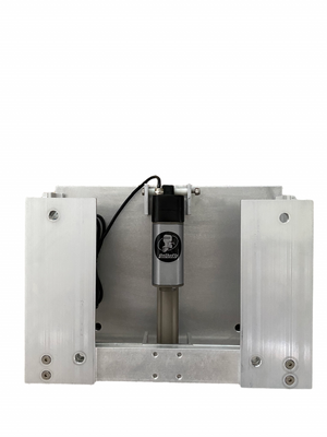 Silver aluminum OnTheFly Electric Jackplate with black actuator, pre-drilled holes, and wiring.