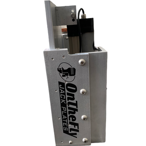 Silver aluminum OnTheFly Electric Jackplate with black logo, visible actuator, and mounting hardware.