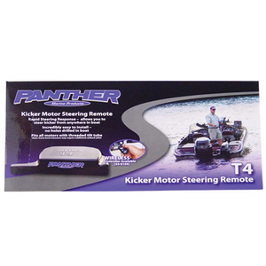 Panther T4 Kicker Motor Steering Remote box, black with product details and boat image.