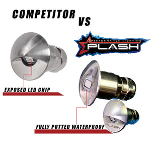 Stainless steel flush-mounted LED step light with a fully potted waterproof design, compared to a competitor's exposed LED chip.