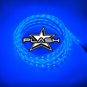 Coiled Plashlight 12V RGBW flexible light strip glowing bright blue with the Plash logo.