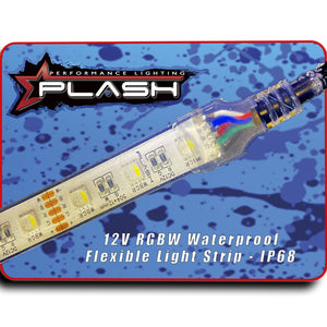 Close-up of a clear, flexible Plashlight RGBW LED strip with visible diodes and wiring.