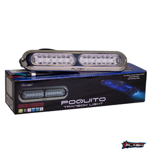 Plashlight Poquito 60W RGB underwater transom light in 316L marine-grade stainless steel, shown with packaging.