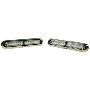 Two Plashlight Poquito 60W RGB underwater transom lights with polished 316 stainless steel housing.