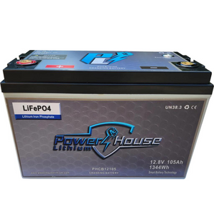 Power House Lithium 12V 105Ah cranking battery with emergency start button, black casing, and blue logo.