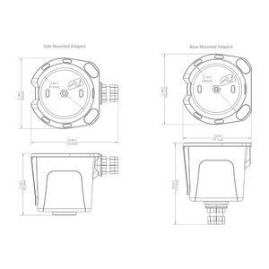 Technical drawing of the Railblaza DrinkHold, showing side and base mounted adaptors with dimensions.