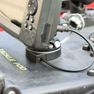 Black Railblaza E Series Cable Entry Port Base with a cable connected to a fish finder on a "TACKLE POD".