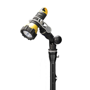Black Railblaza Extenda Pole 1000 with a yellow and black LED light attached, angled upwards.