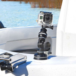 Black Railblaza StarPort Base with a GoPro camera mounted on a white boat, water in background.