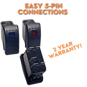 Black 5-pin rocker switches with lighted red and blue indicators, showing easy connections.