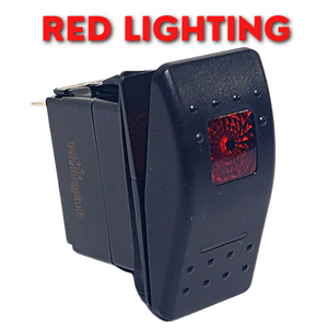 Black 5-pin rocker switch with red lighting, 2-position on/off, for 12-24 volt boat accessories.